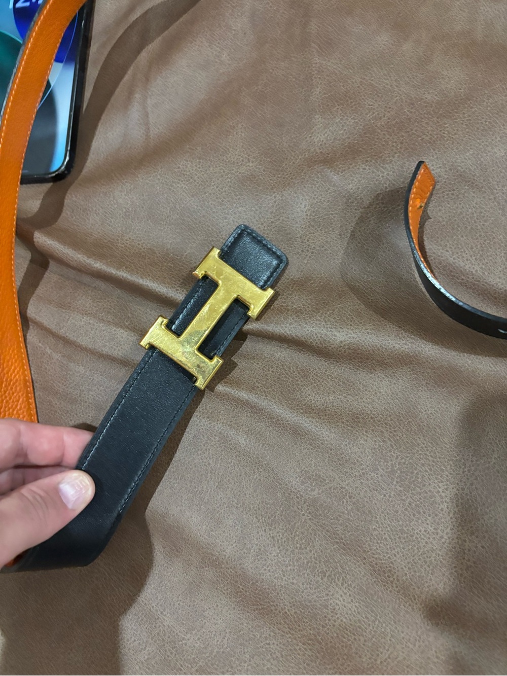 Hermes La Maison Black and Orange Leather Men's Belt with Gold H Buckle